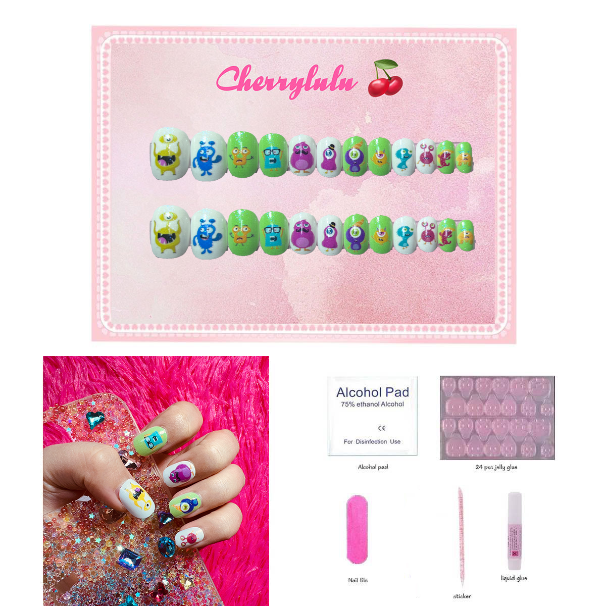 【Buy 3 Get 1 Free】CK1-CK60 Children Nails 24pcs Press On Nails include free nail toolkit