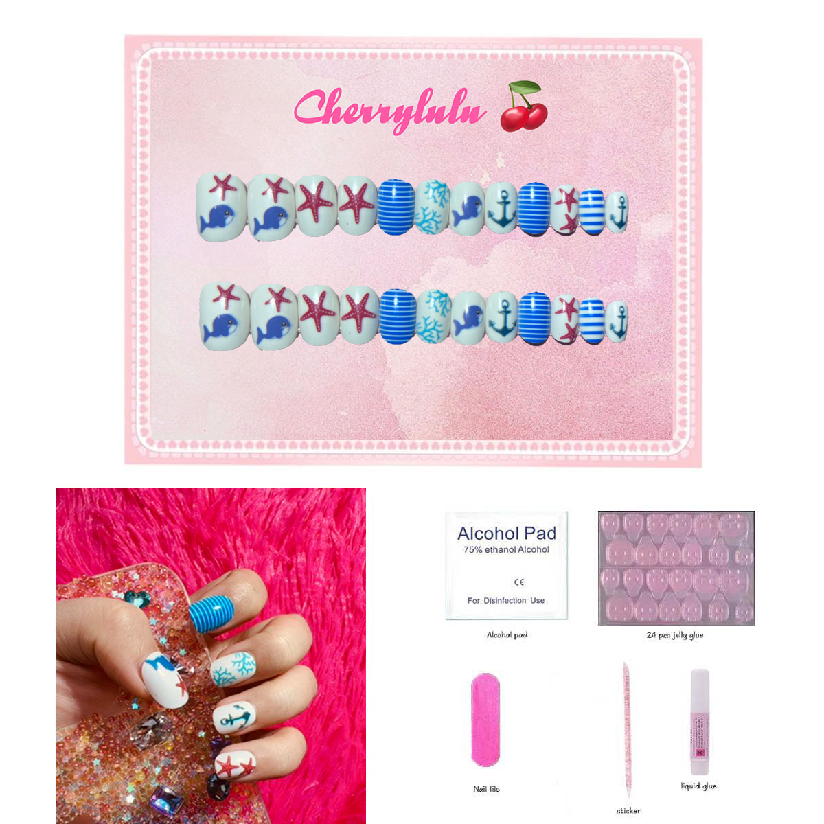 【Buy 3 Get 1 Free】CK1-CK60 Children Nails 24pcs Press On Nails include free nail toolkit