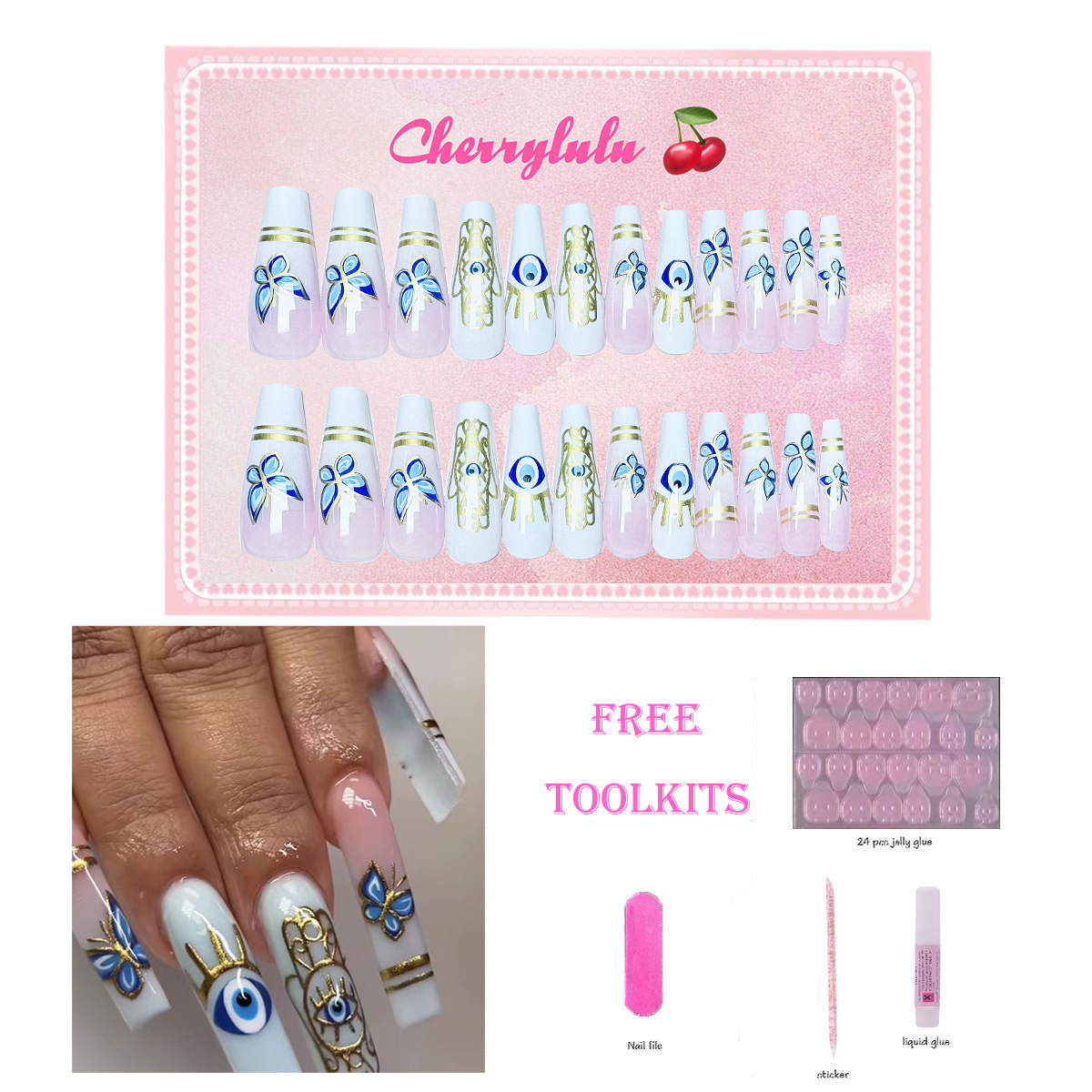 【Buy 3 Get 1 Free】L131-L190 Long Nails 24pcs Press On Nails include free nail toolkit