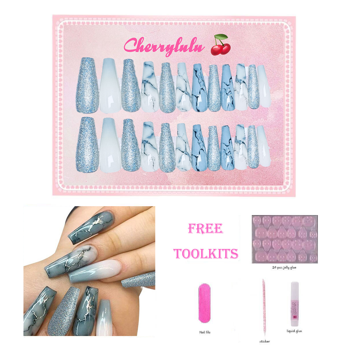 【Buy 3 Get 1 Free】L131-L190 Long Nails 24pcs Press On Nails include free nail toolkit