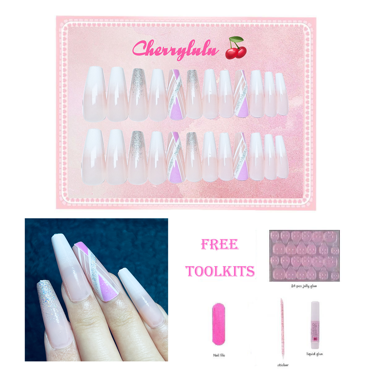 【Buy 3 Get 1 Free】L131-L190 Long Nails 24pcs Press On Nails include free nail toolkit