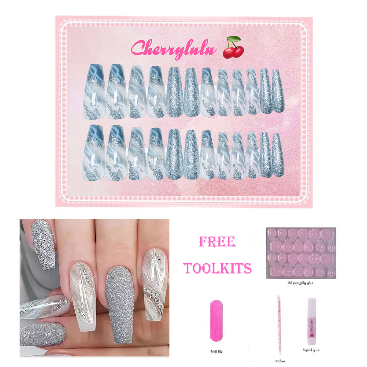 【Buy 3 Get 1 Free】L131-L190 Long Nails 24pcs Press On Nails include free nail toolkit