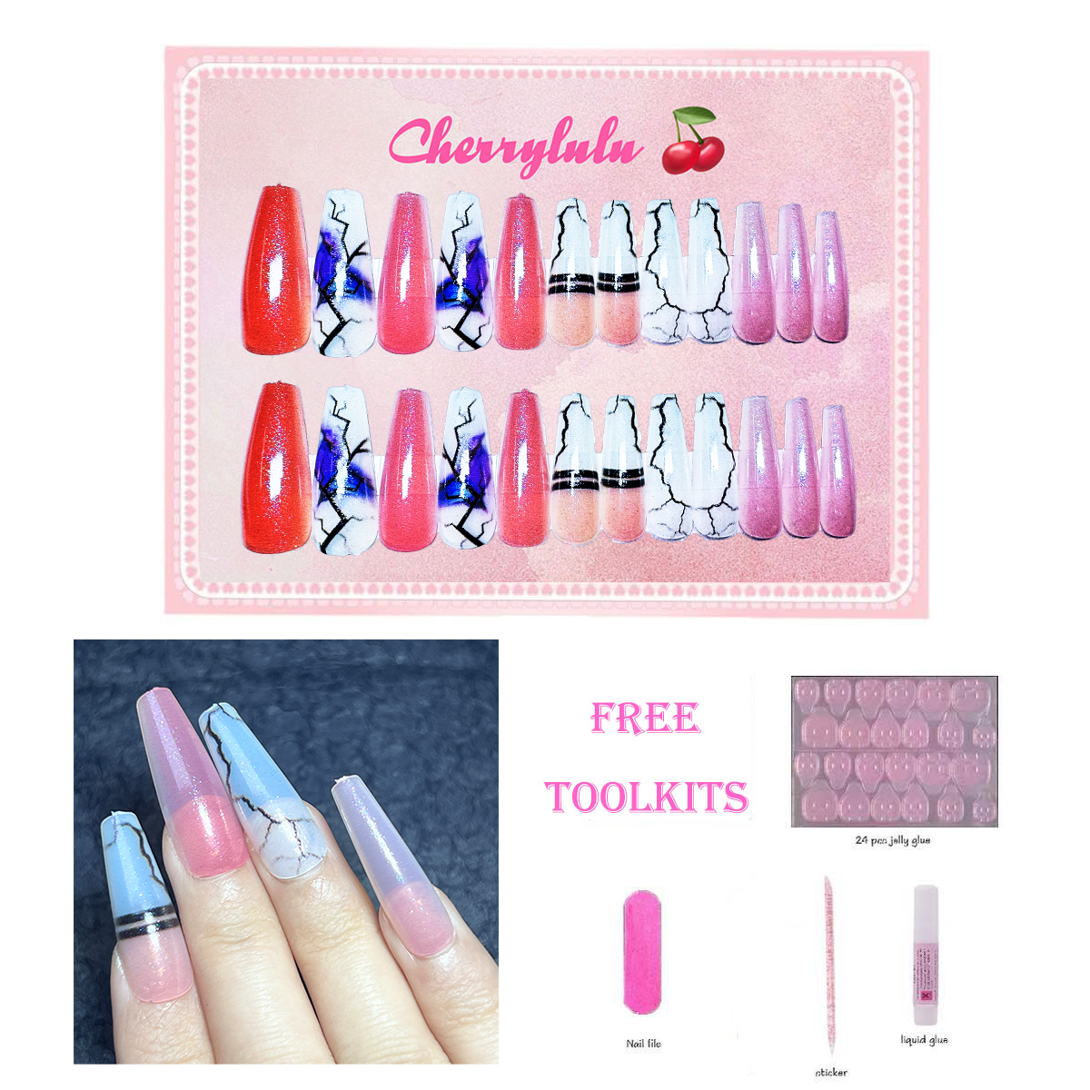 【Buy 3 Get 1 Free】L131-L190 Long Nails 24pcs Press On Nails include free nail toolkit