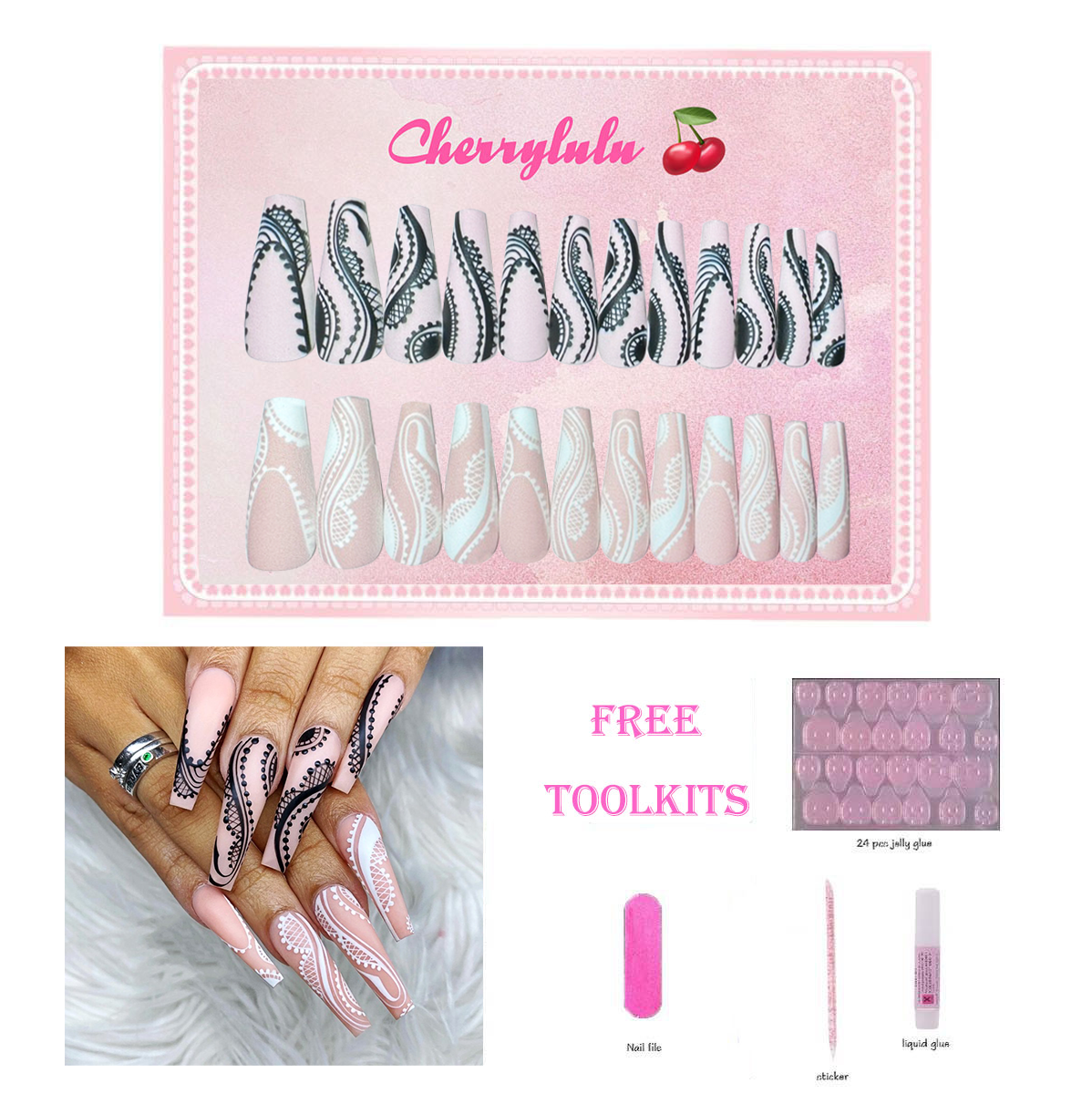 【Buy 3 Get 1 Free】L131-L190 Long Nails 24pcs Press On Nails include free nail toolkit