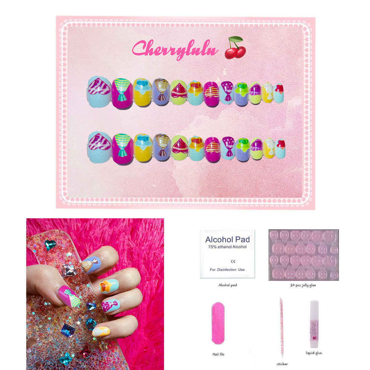 【Buy 3 Get 1 Free】CK1-CK60 Children Nails 24pcs Press On Nails include free nail toolkit