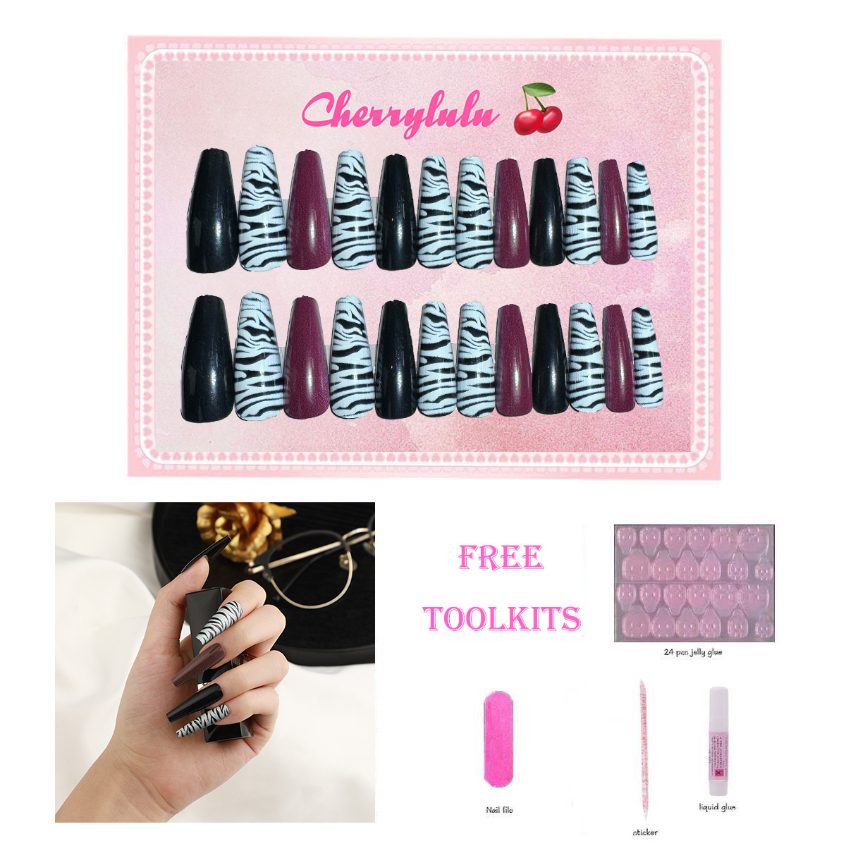 【Buy 3 Get 1 Free】L131-L190 Long Nails 24pcs Press On Nails include free nail toolkit