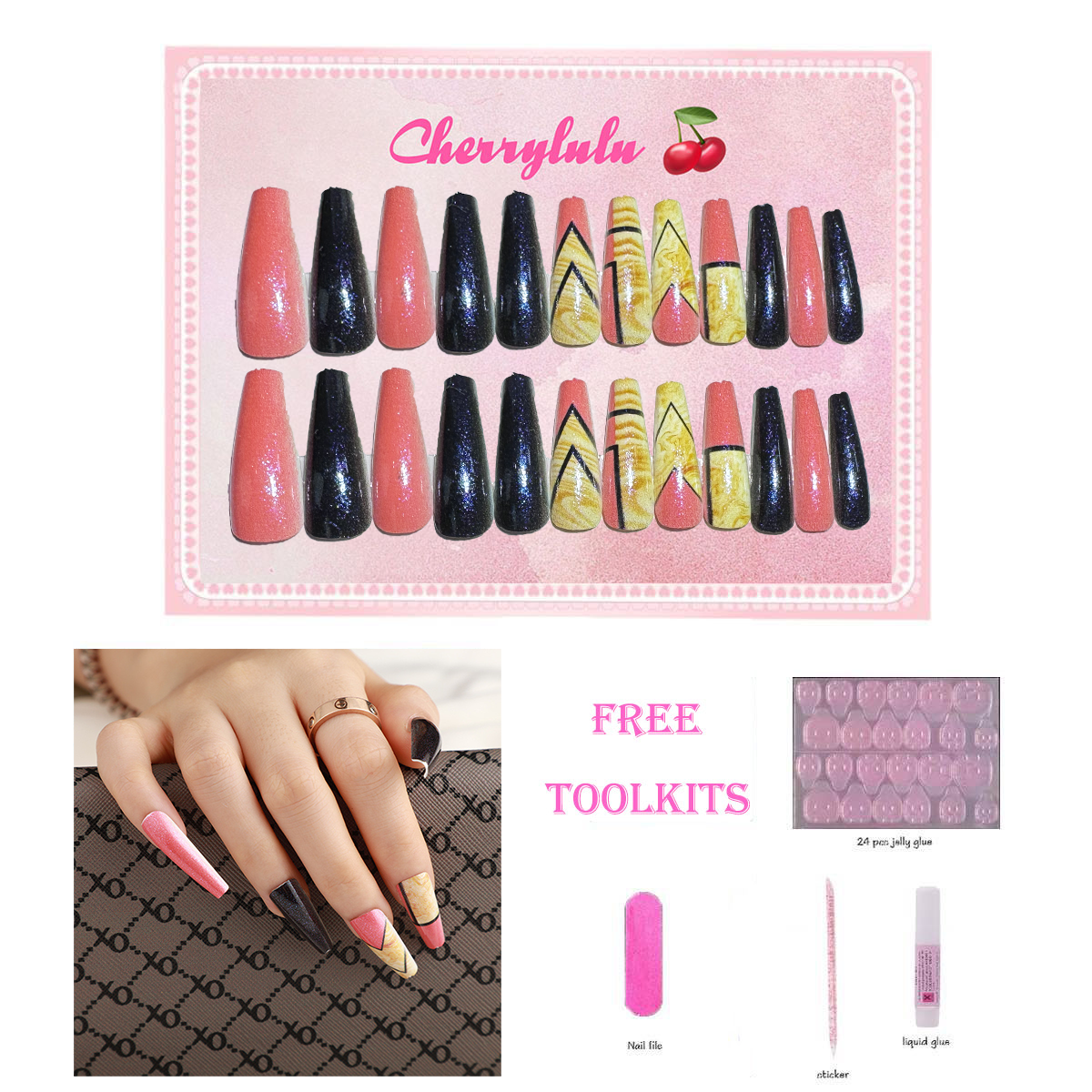 【Buy 3 Get 1 Free】L131-L190 Long Nails 24pcs Press On Nails include free nail toolkit