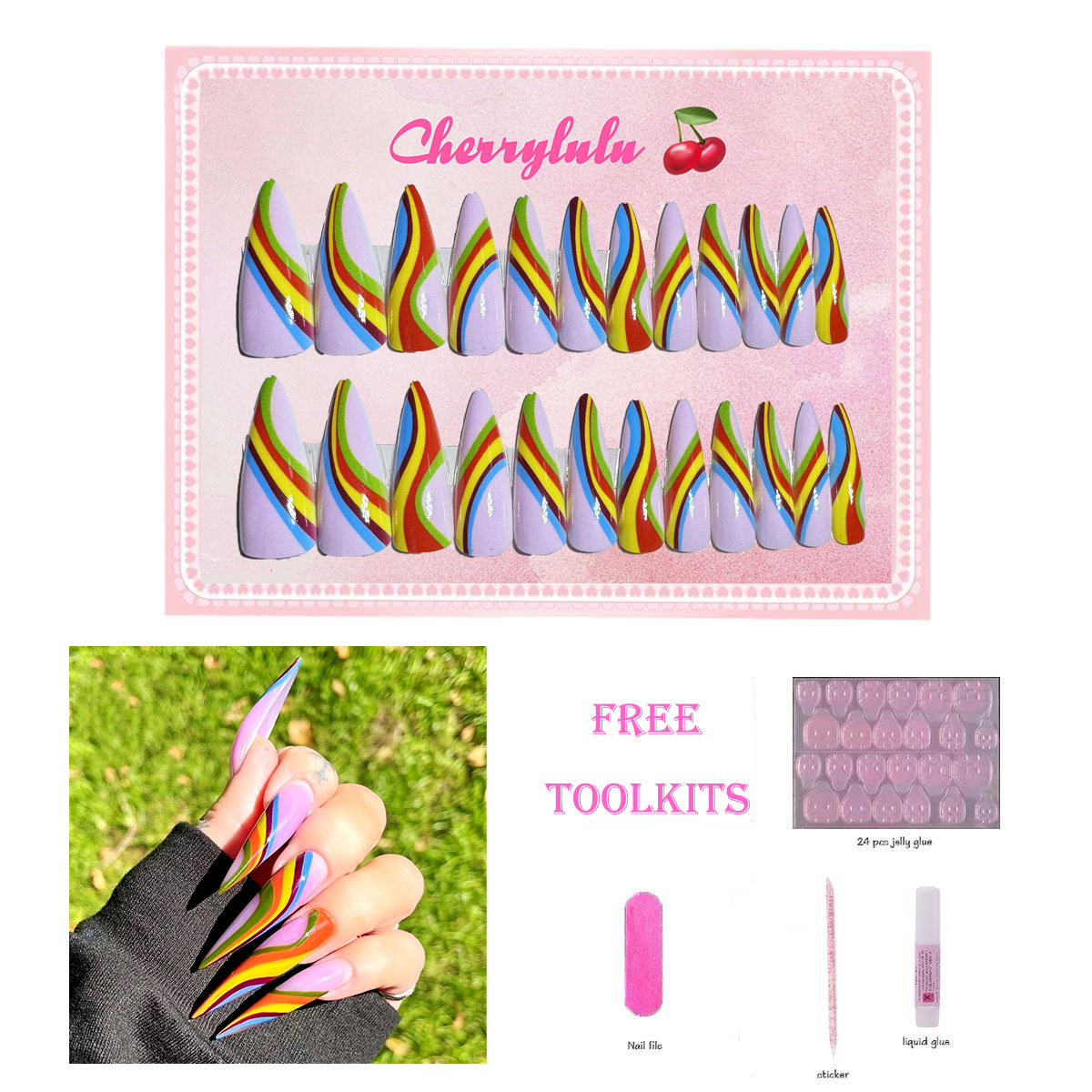 【Buy 3 Get 1 Free】L131-L190 Long Nails 24pcs Press On Nails include free nail toolkit