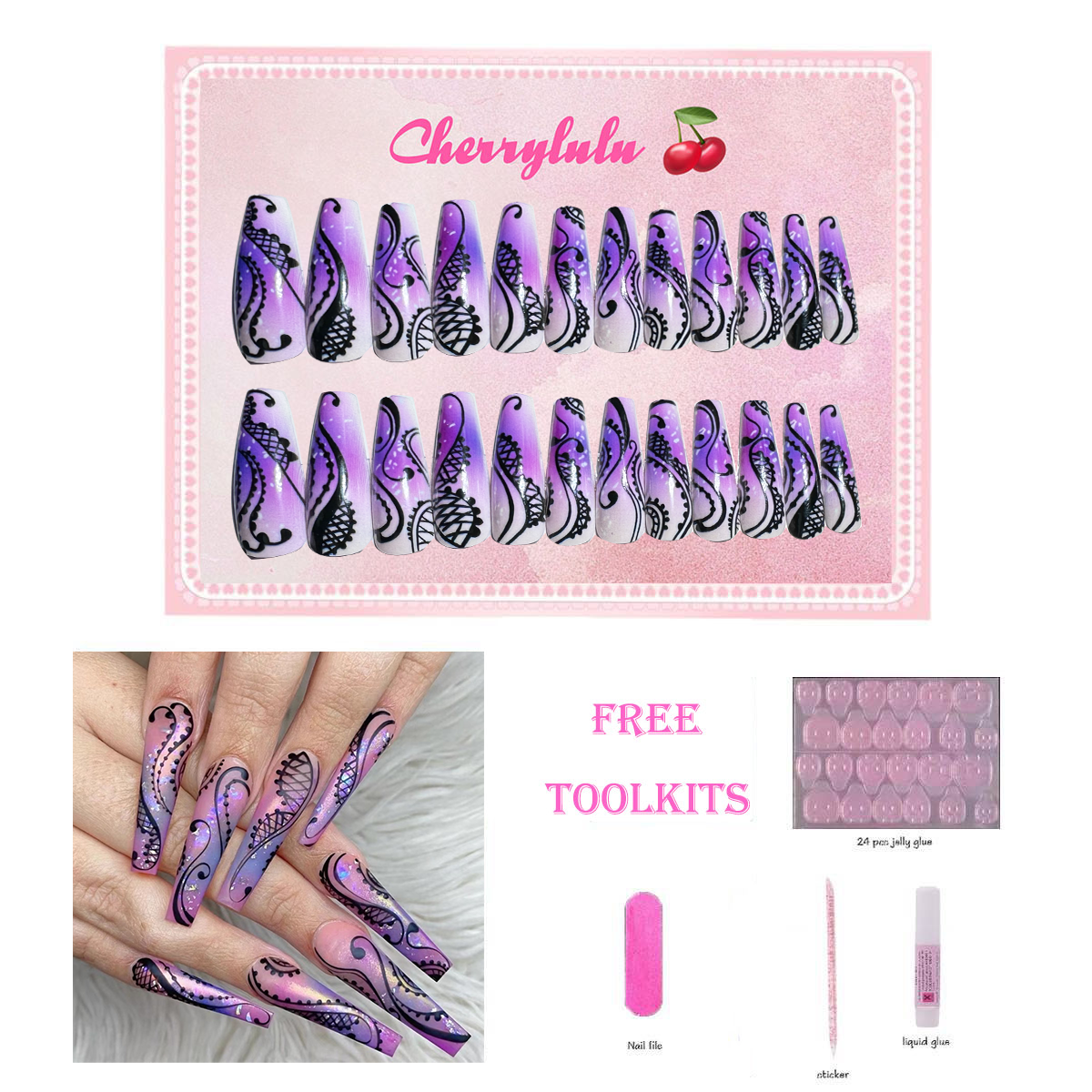 【Buy 3 Get 1 Free】L131-L190 Long Nails 24pcs Press On Nails include free nail toolkit