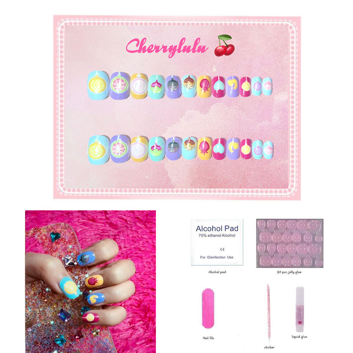 【Buy 3 Get 1 Free】CK1-CK60 Children Nails 24pcs Press On Nails include free nail toolkit