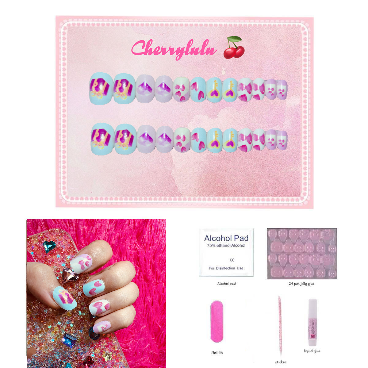 【Buy 3 Get 1 Free】CK1-CK60 Children Nails 24pcs Press On Nails include free nail toolkit