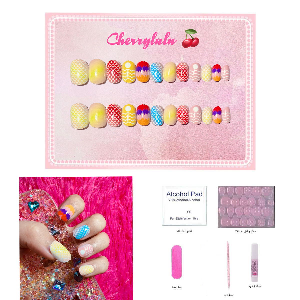 【Buy 3 Get 1 Free】CK1-CK60 Children Nails 24pcs Press On Nails include free nail toolkit