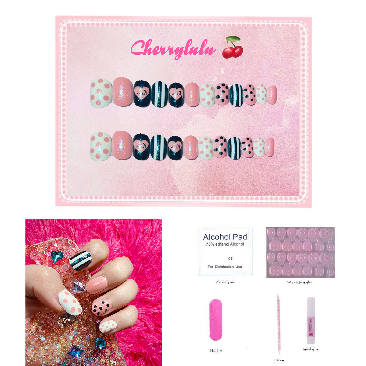 【Buy 3 Get 1 Free】CK1-CK60 Children Nails 24pcs Press On Nails include free nail toolkit