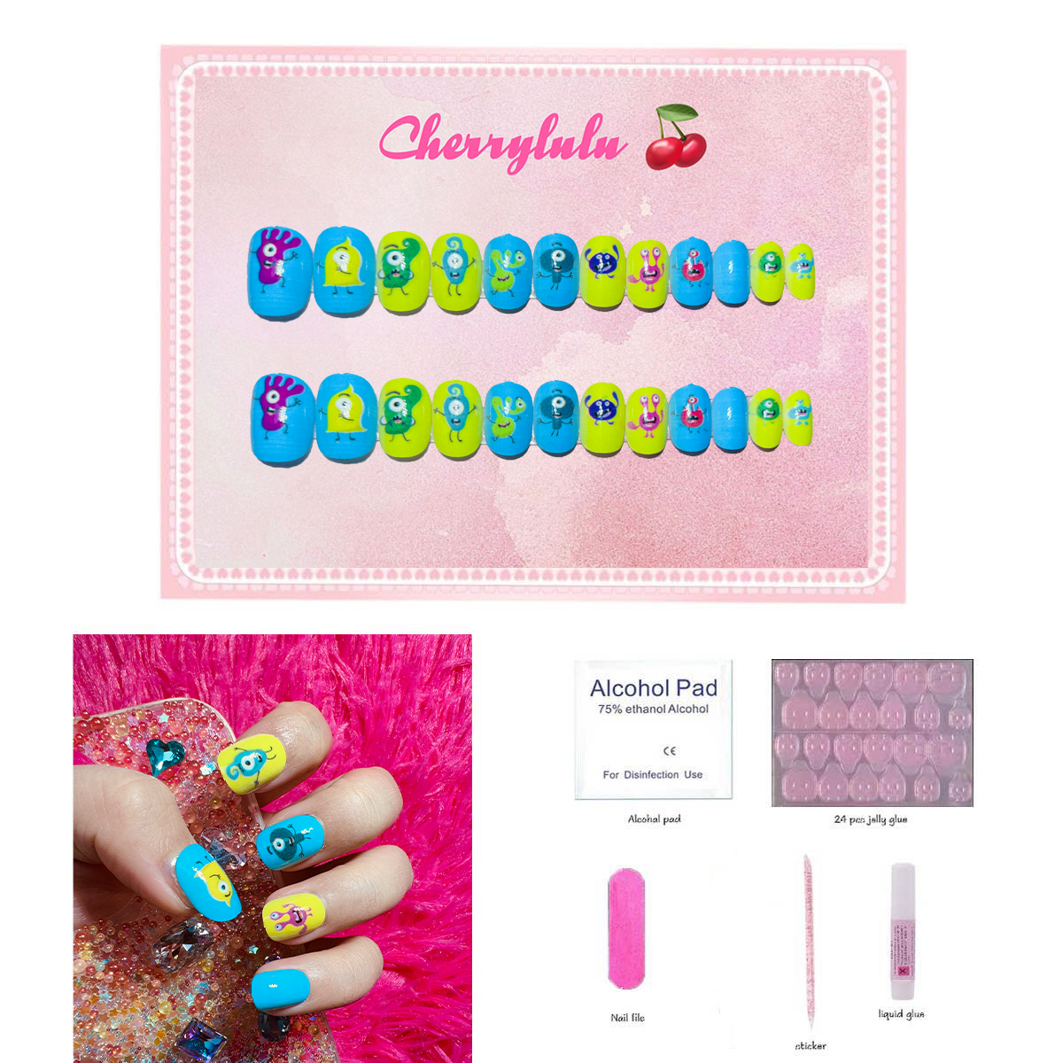 【Buy 3 Get 1 Free】CK1-CK60 Children Nails 24pcs Press On Nails include free nail toolkit