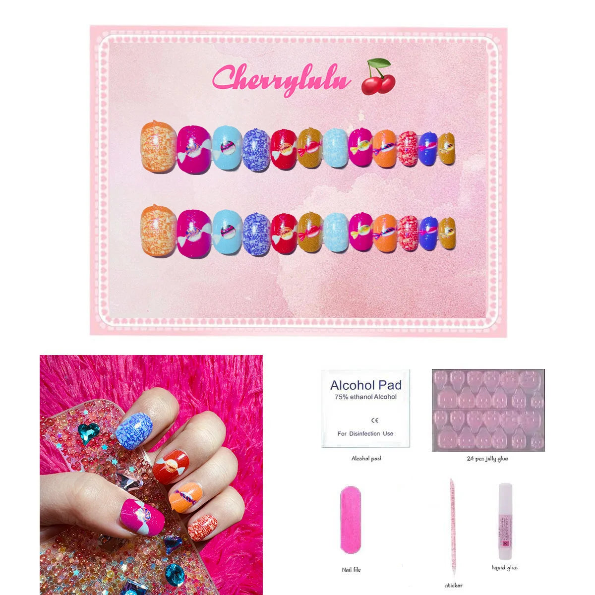 【Buy 3 Get 1 Free】CK1-CK60 Children Nails 24pcs Press On Nails include free nail toolkit