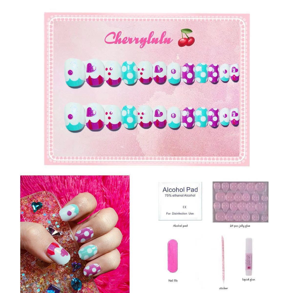 【Buy 3 Get 1 Free】CK1-CK60 Children Nails 24pcs Press On Nails include free nail toolkit