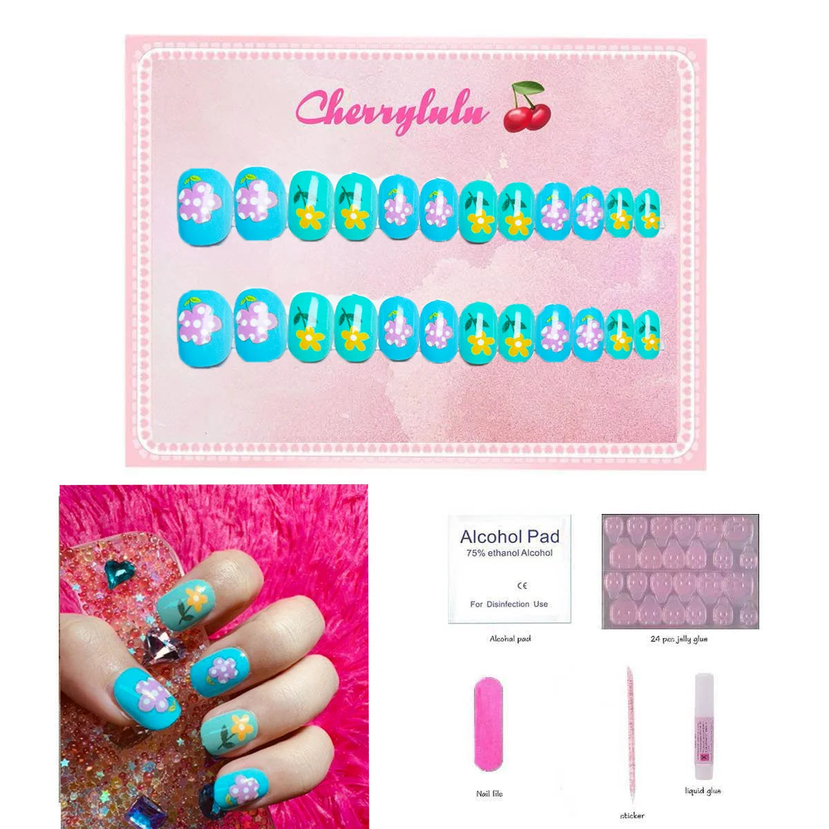 【Buy 3 Get 1 Free】CK1-CK60 Children Nails 24pcs Press On Nails include free nail toolkit