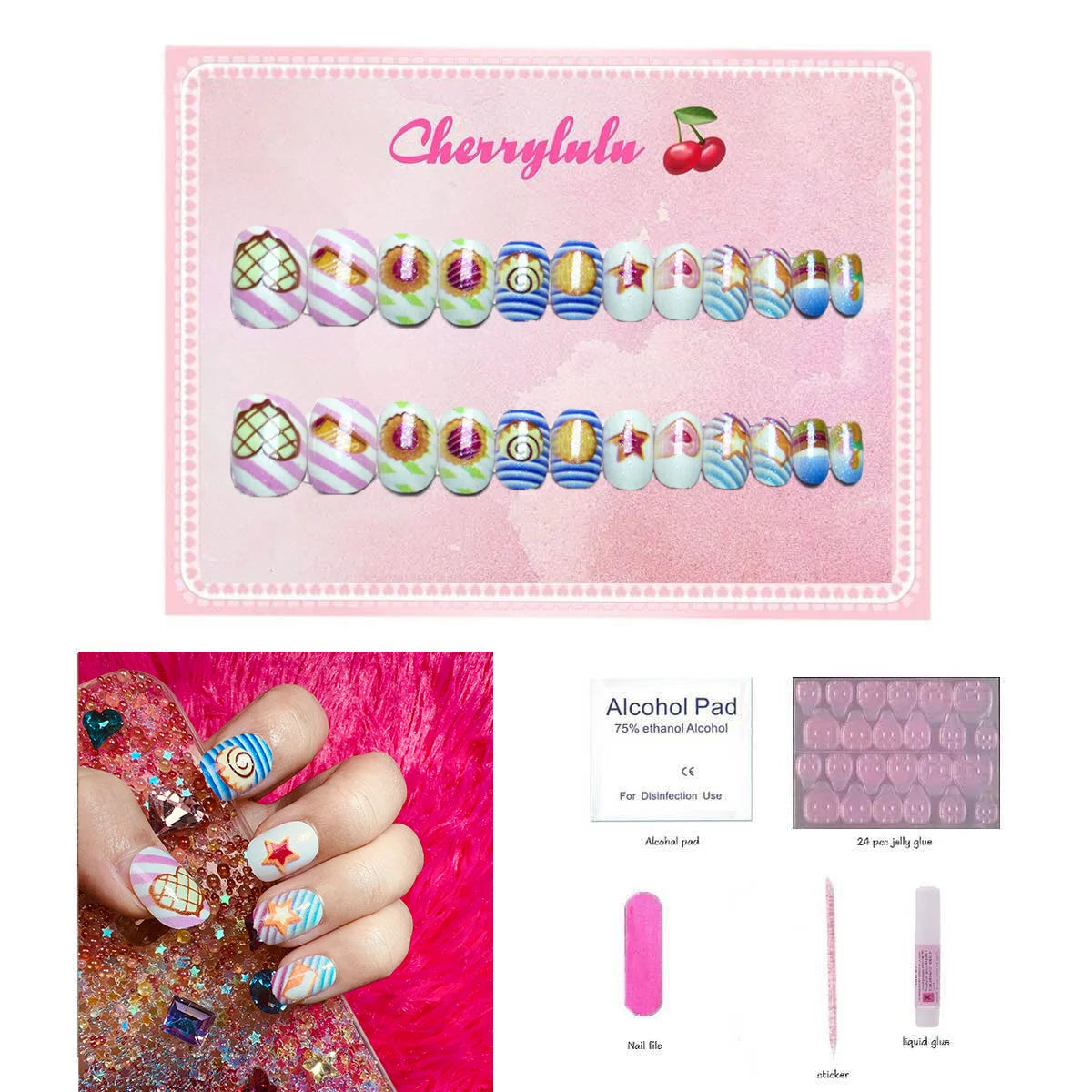 【Buy 3 Get 1 Free】CK1-CK60 Children Nails 24pcs Press On Nails include free nail toolkit