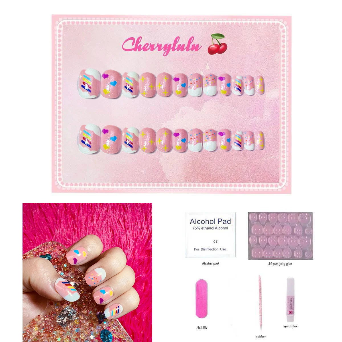 【Buy 3 Get 1 Free】CK1-CK60 Children Nails 24pcs Press On Nails include free nail toolkit