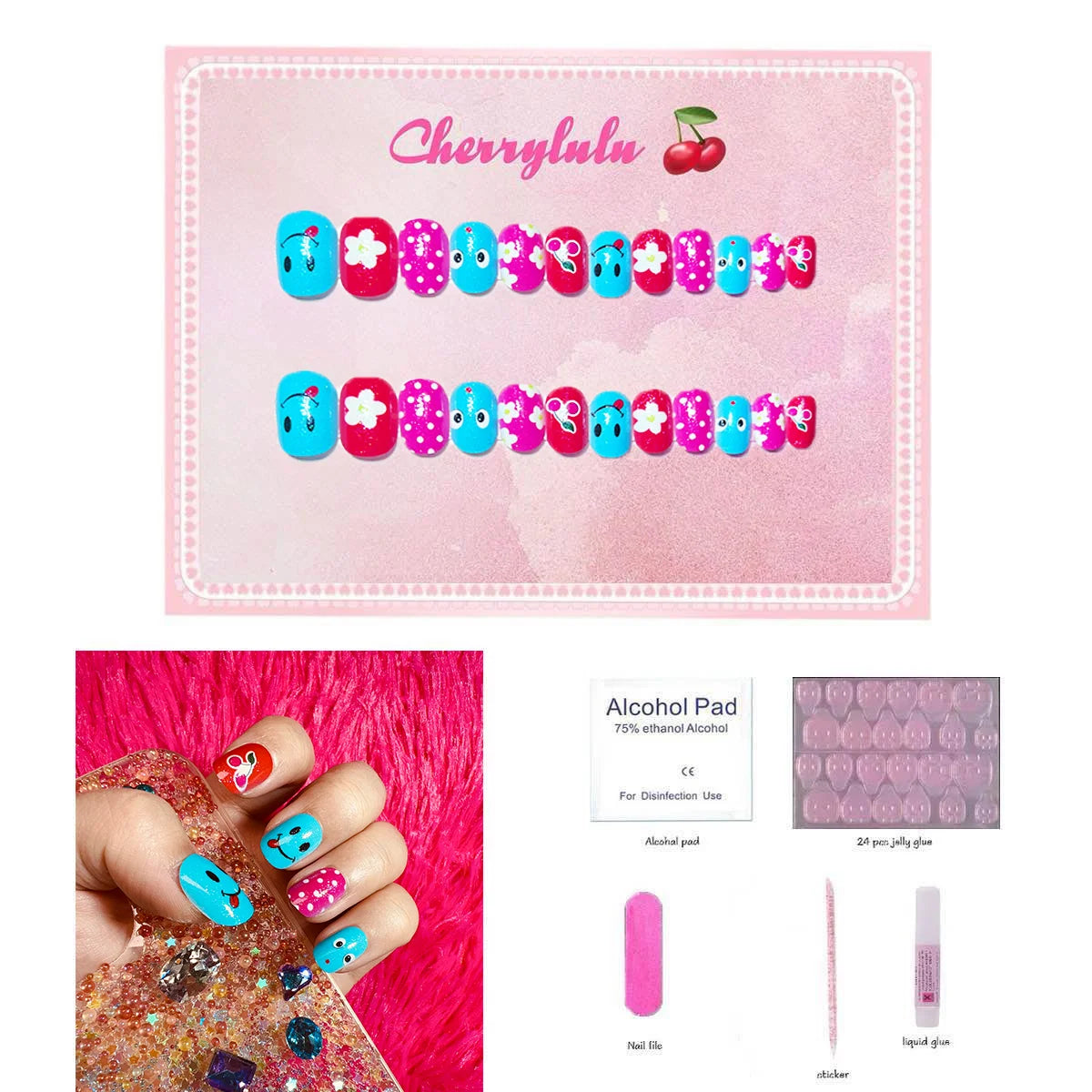 【Buy 3 Get 1 Free】CK1-CK60 Children Nails 24pcs Press On Nails include free nail toolkit