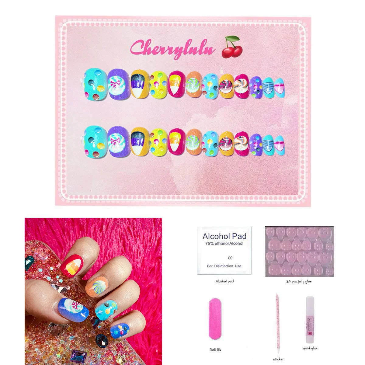 【Buy 3 Get 1 Free】CK1-CK60 Children Nails 24pcs Press On Nails include free nail toolkit