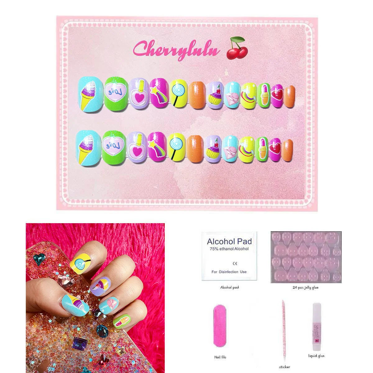 【Buy 3 Get 1 Free】CK1-CK60 Children Nails 24pcs Press On Nails include free nail toolkit