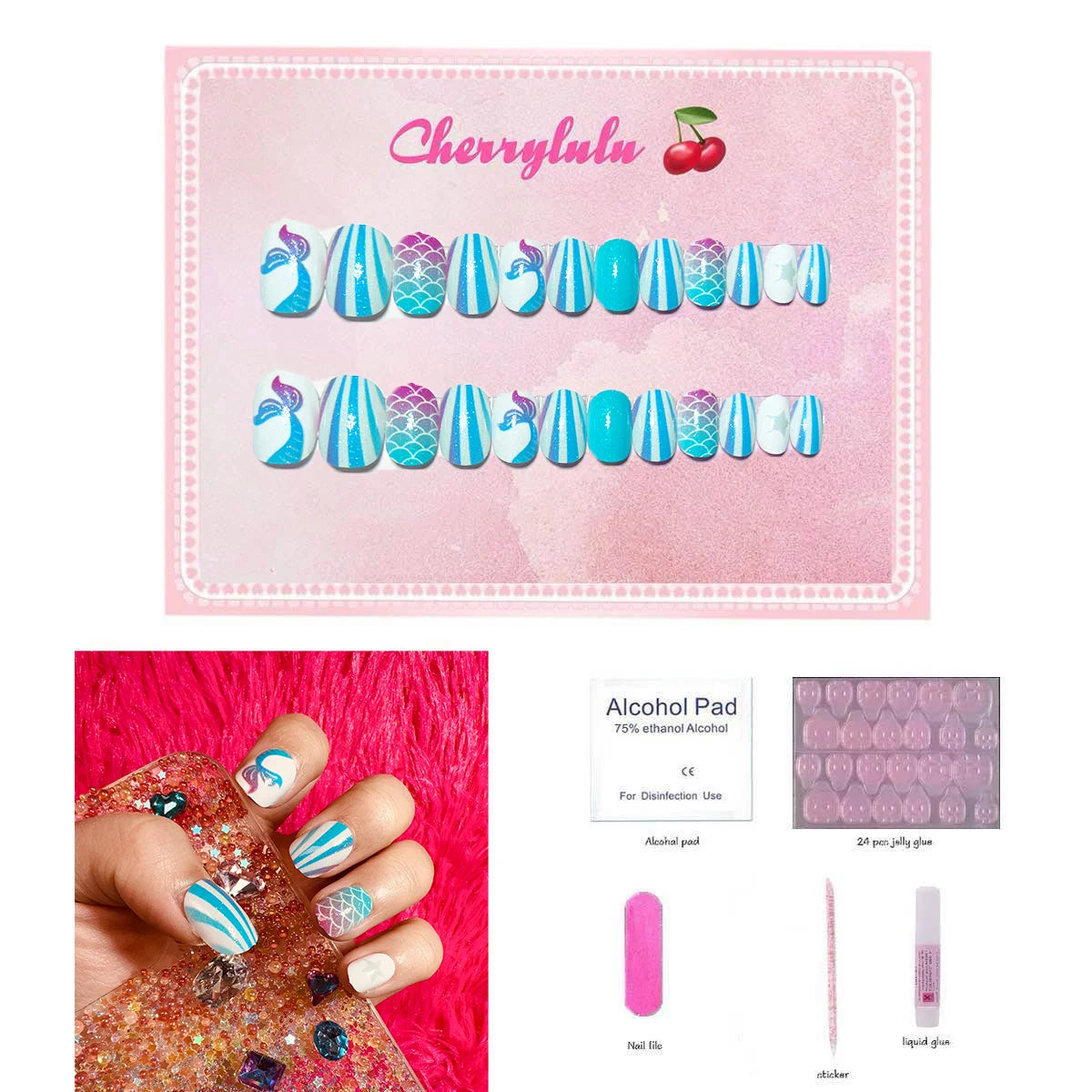 【Buy 3 Get 1 Free】CK1-CK60 Children Nails 24pcs Press On Nails include free nail toolkit