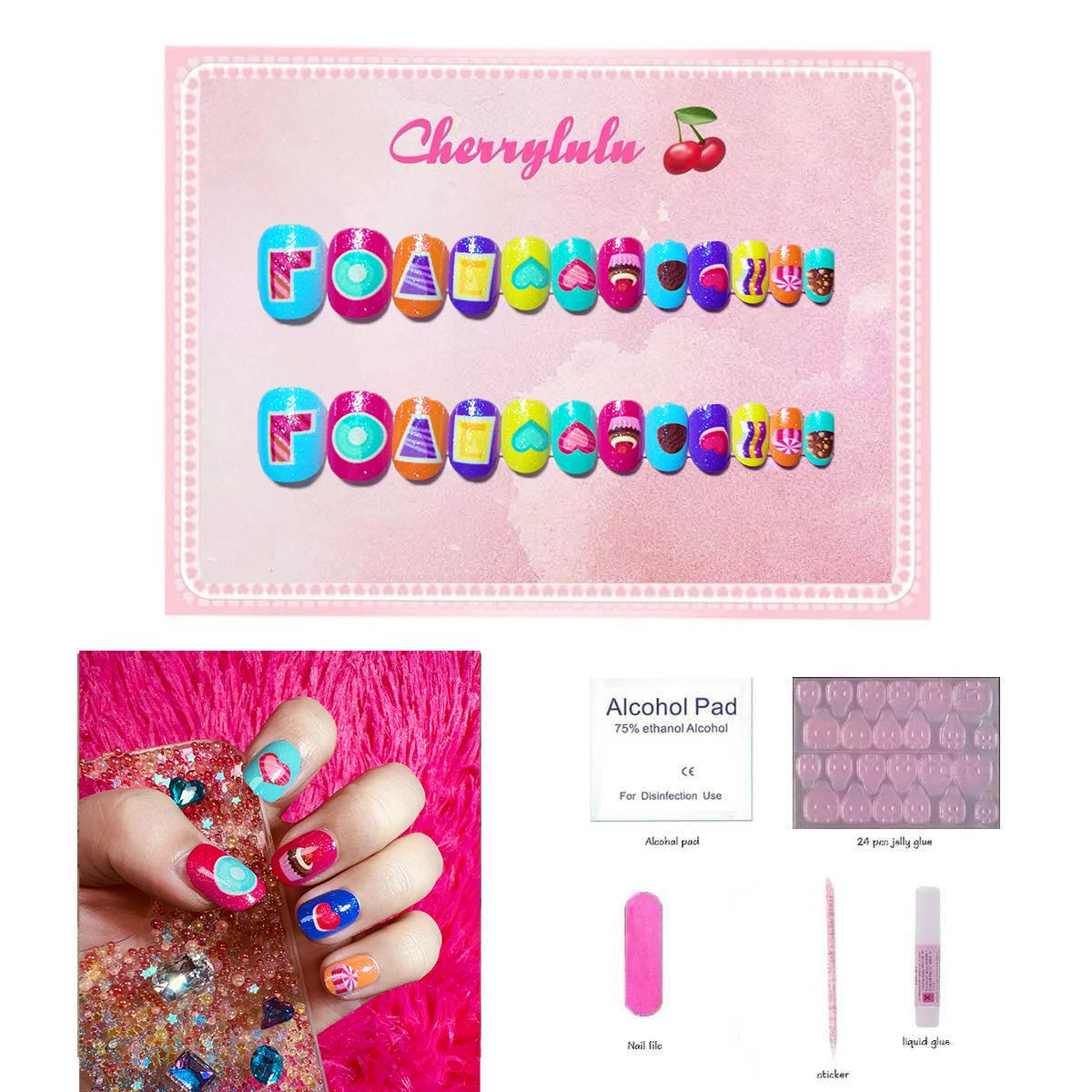 【Buy 3 Get 1 Free】CK1-CK60 Children Nails 24pcs Press On Nails include free nail toolkit