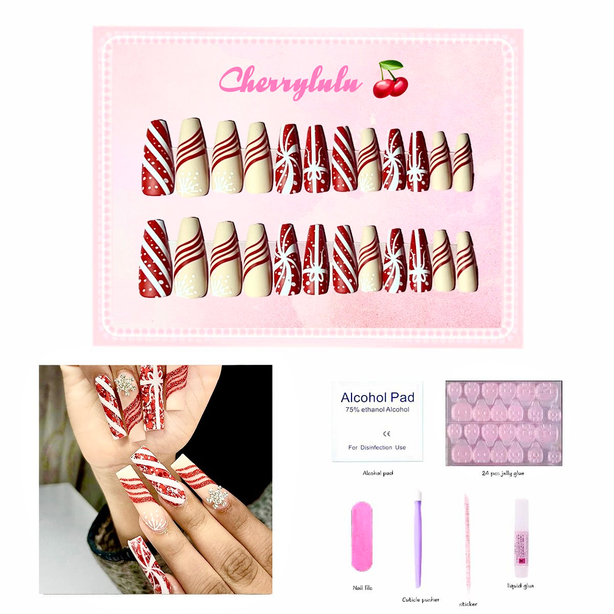 【Buy 3 Get 1 Free】 C1-C38 Christmas Nails 24pcs Press On Nails include free nail toolkits