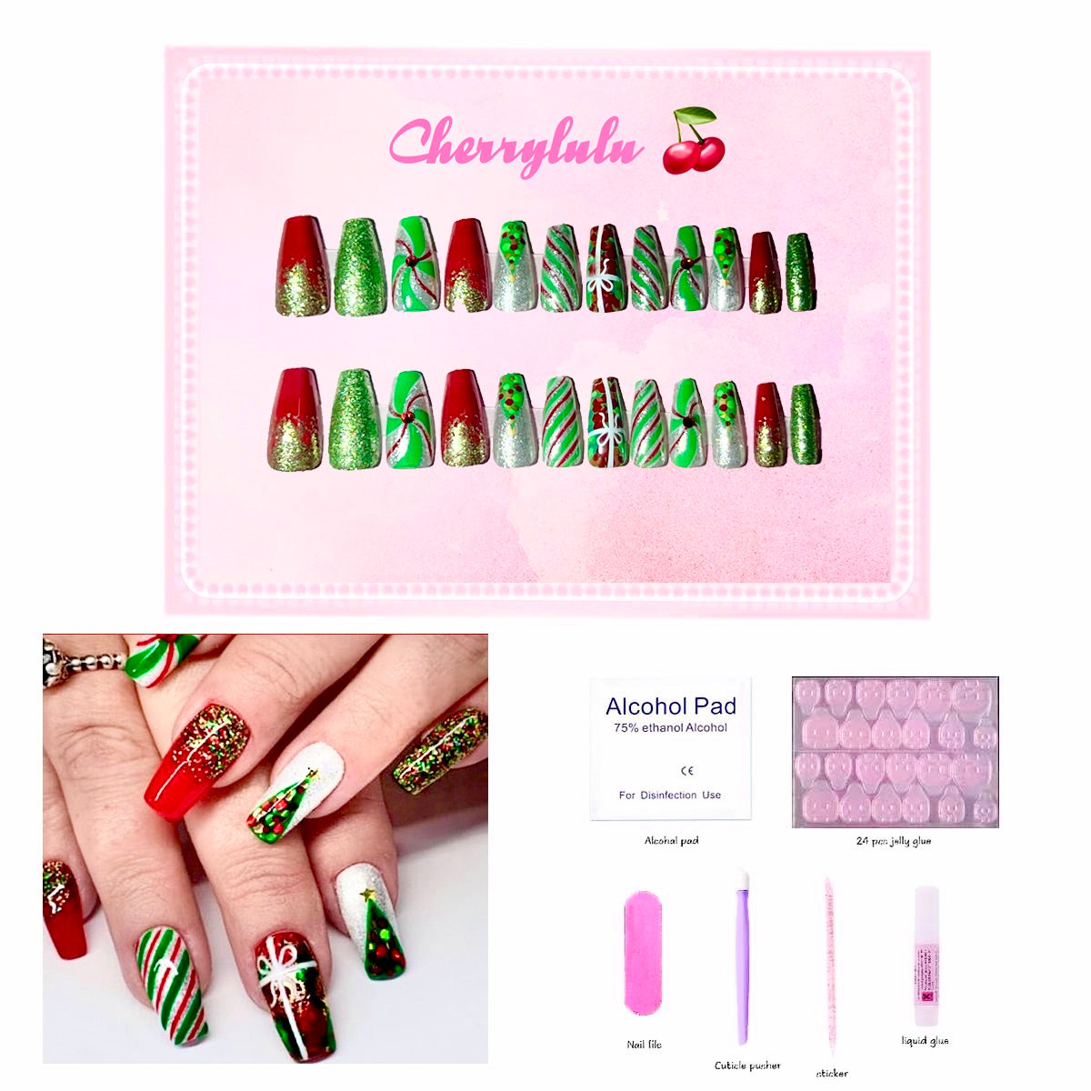 【Buy 3 Get 1 Free】 C1-C38 Christmas Nails 24pcs Press On Nails include free nail toolkits