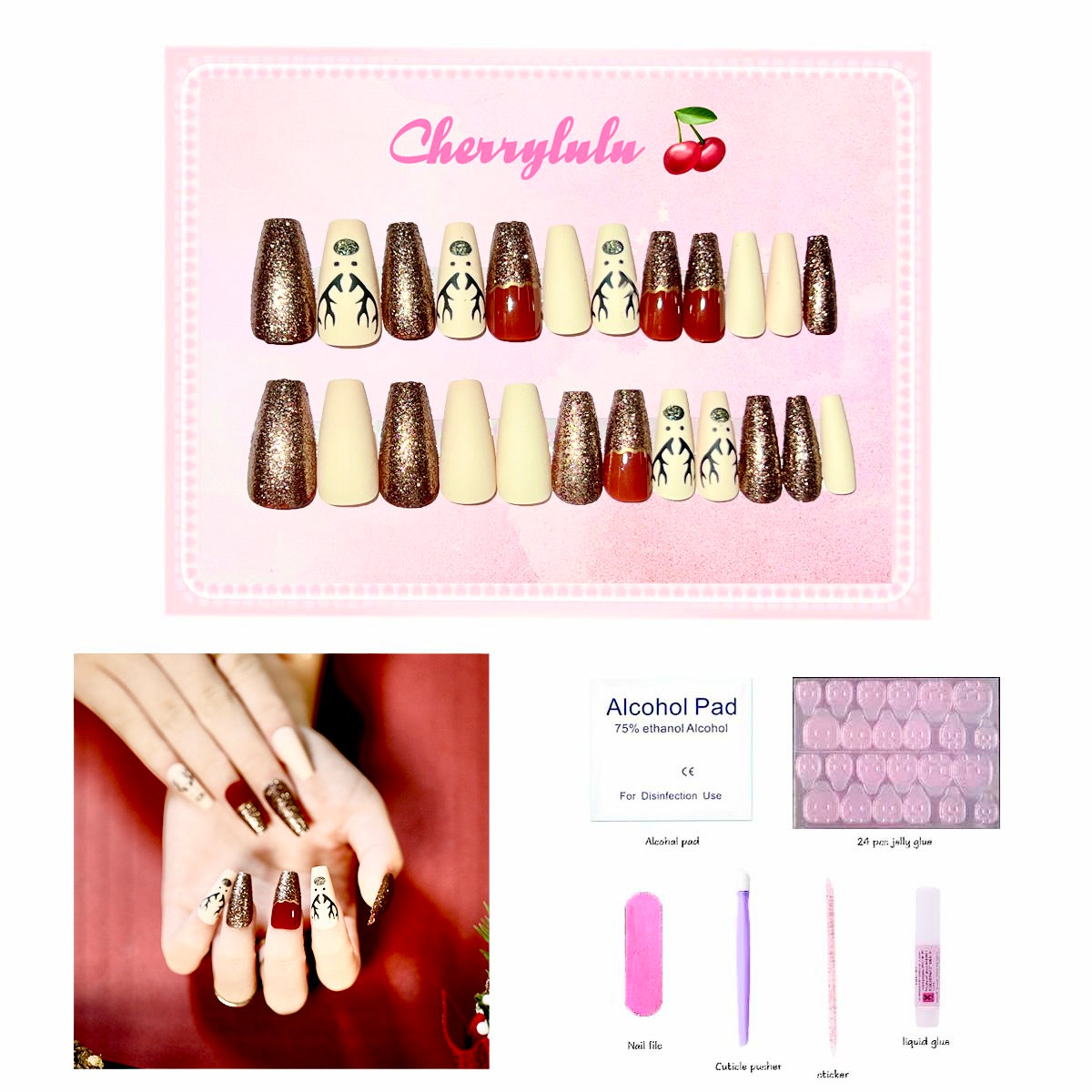 【Buy 3 Get 1 Free】 C1-C38 Christmas Nails 24pcs Press On Nails include free nail toolkits