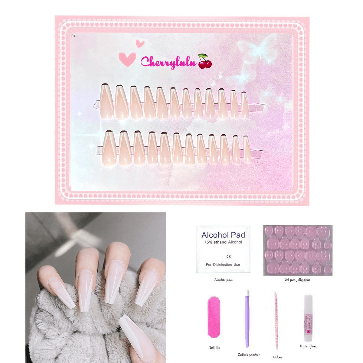 【Long】Manicure Press On Nails 24 Pcs + Toolkits - Cherrylulu Beauty