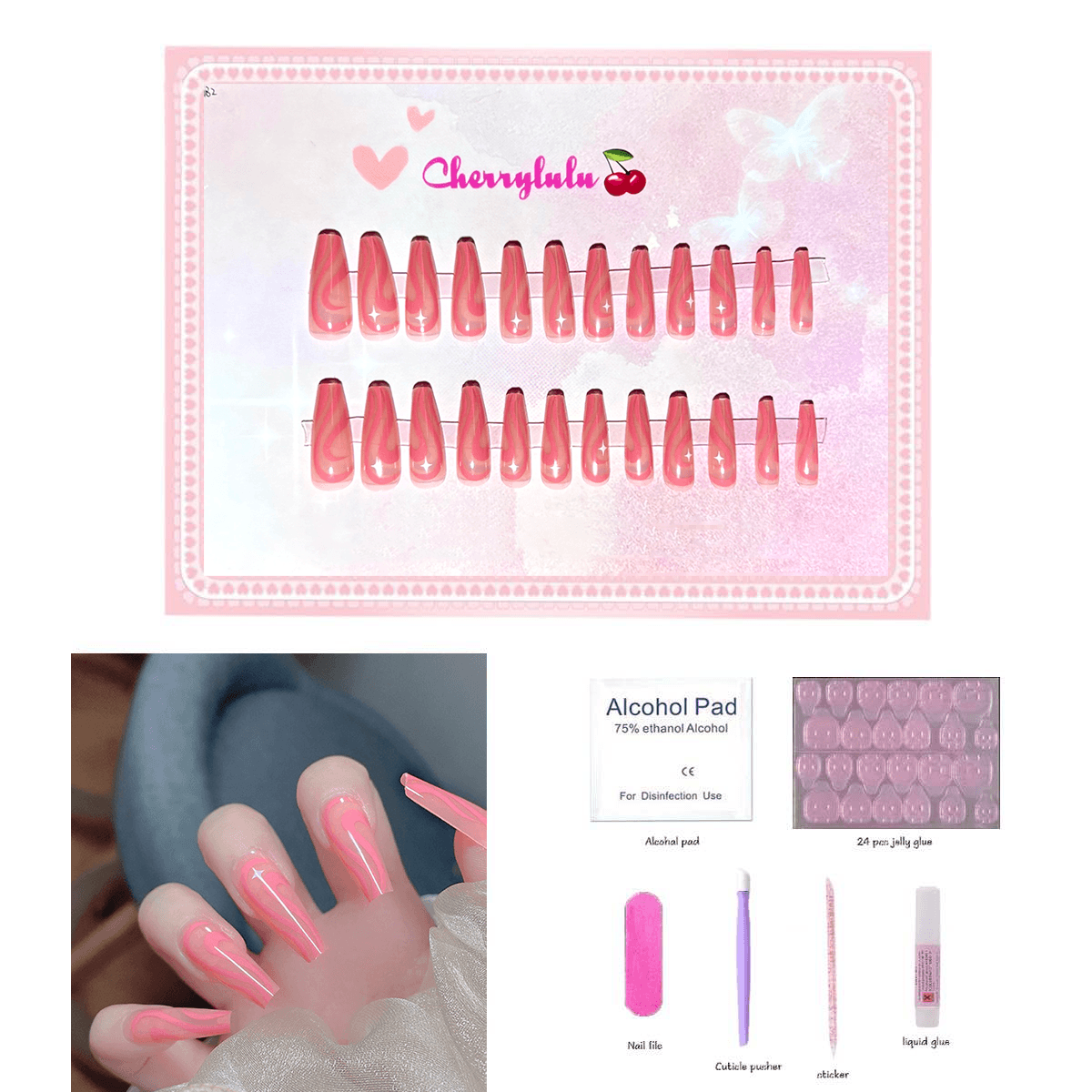 【Long】Manicure Press On Nails 24 Pcs + Toolkits - Cherrylulu Beauty