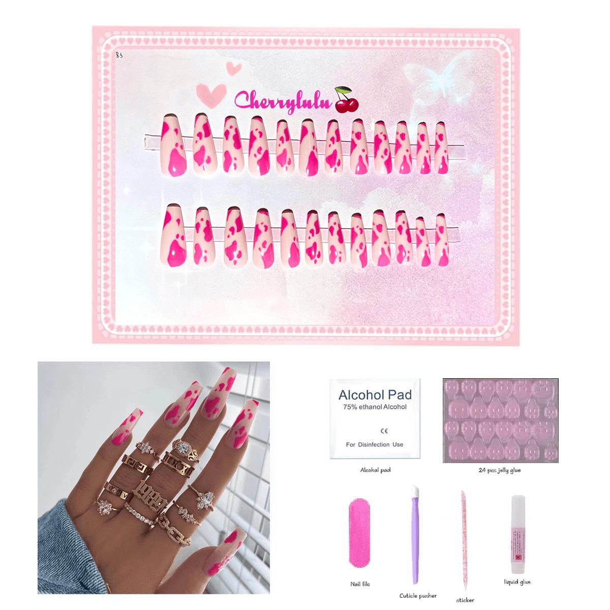 【Long】Manicure Press On Nails 24 Pcs + Toolkits - Cherrylulu Beauty