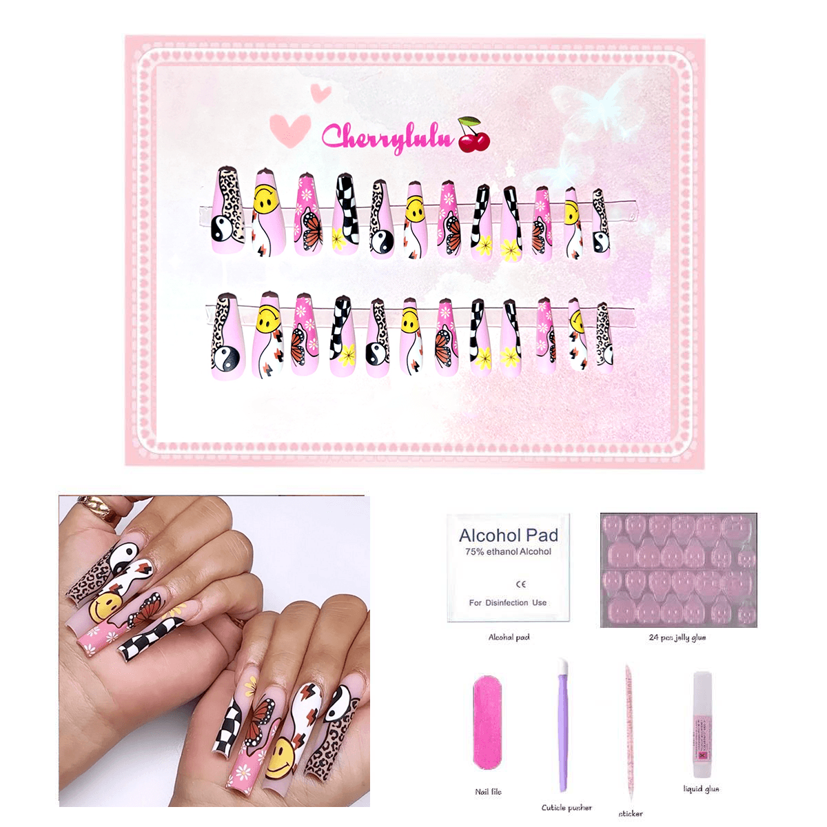 【Long】Manicure Press On Nails 24 Pcs + Toolkits - Cherrylulu Beauty