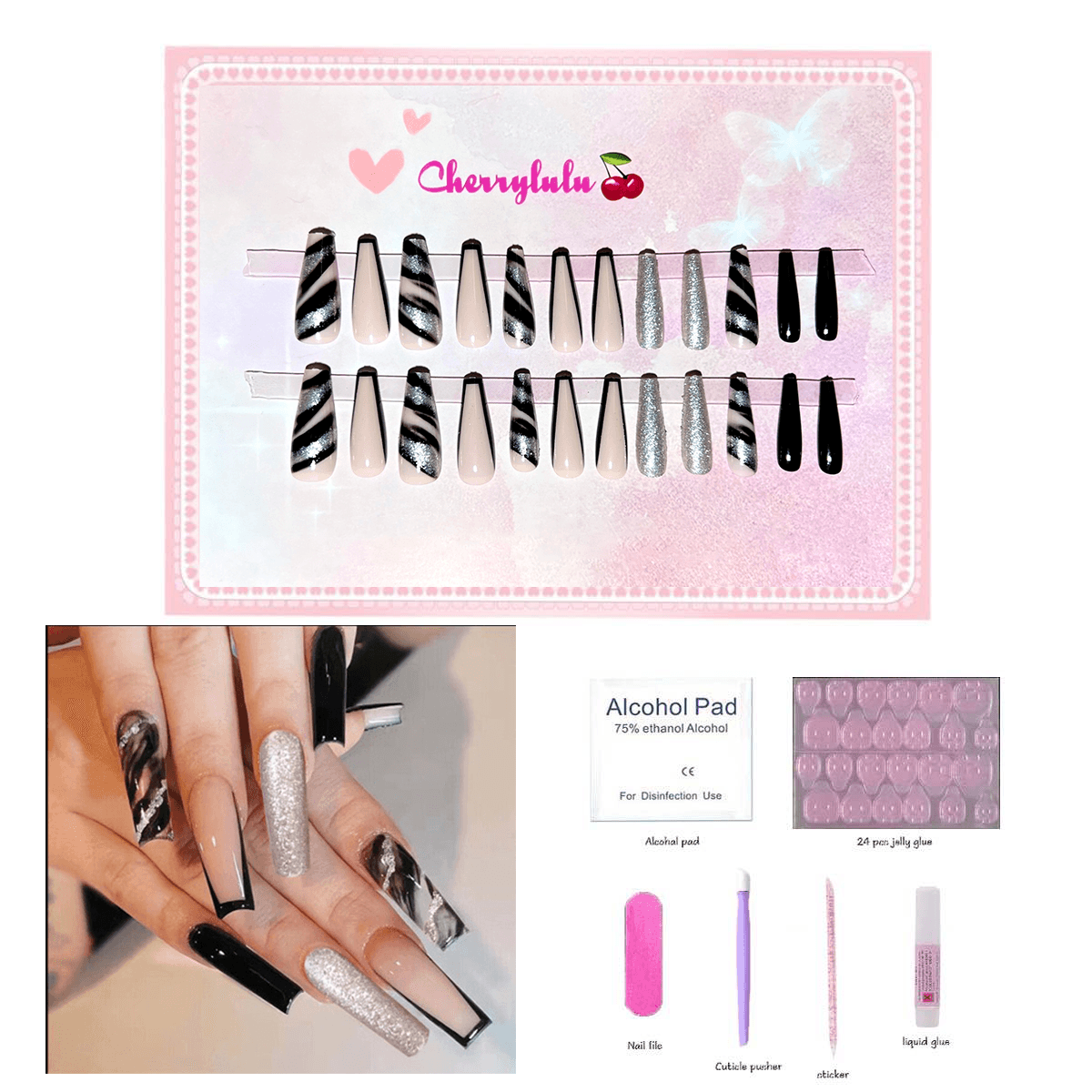 【Long】Manicure Press On Nails 24 Pcs + Toolkits - Cherrylulu Beauty