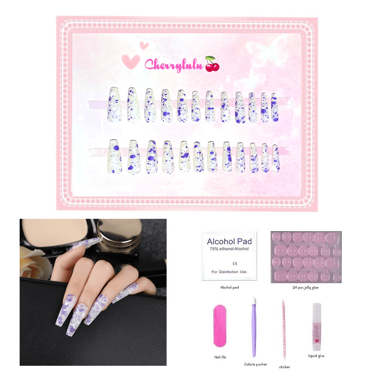 【Long】Manicure Press On Nails 24 Pcs + Toolkits - Cherrylulu Beauty