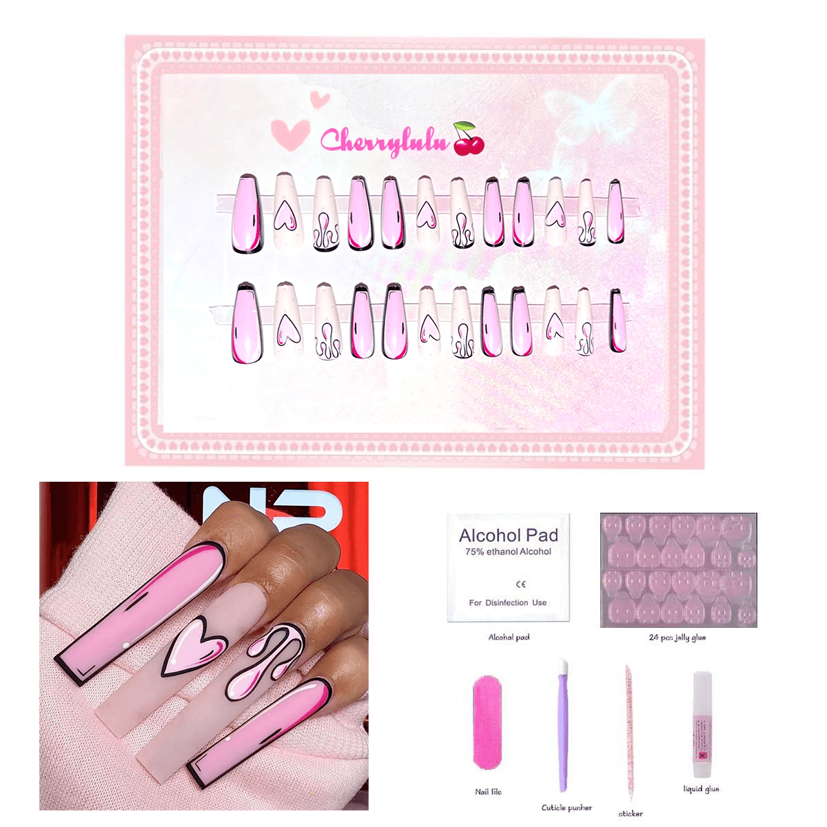 【Long】Manicure Press On Nails 24 Pcs + Toolkits - Cherrylulu Beauty