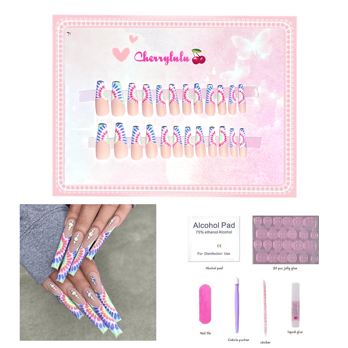 【Long】Manicure Press On Nails 24 Pcs + Toolkits - Cherrylulu Beauty