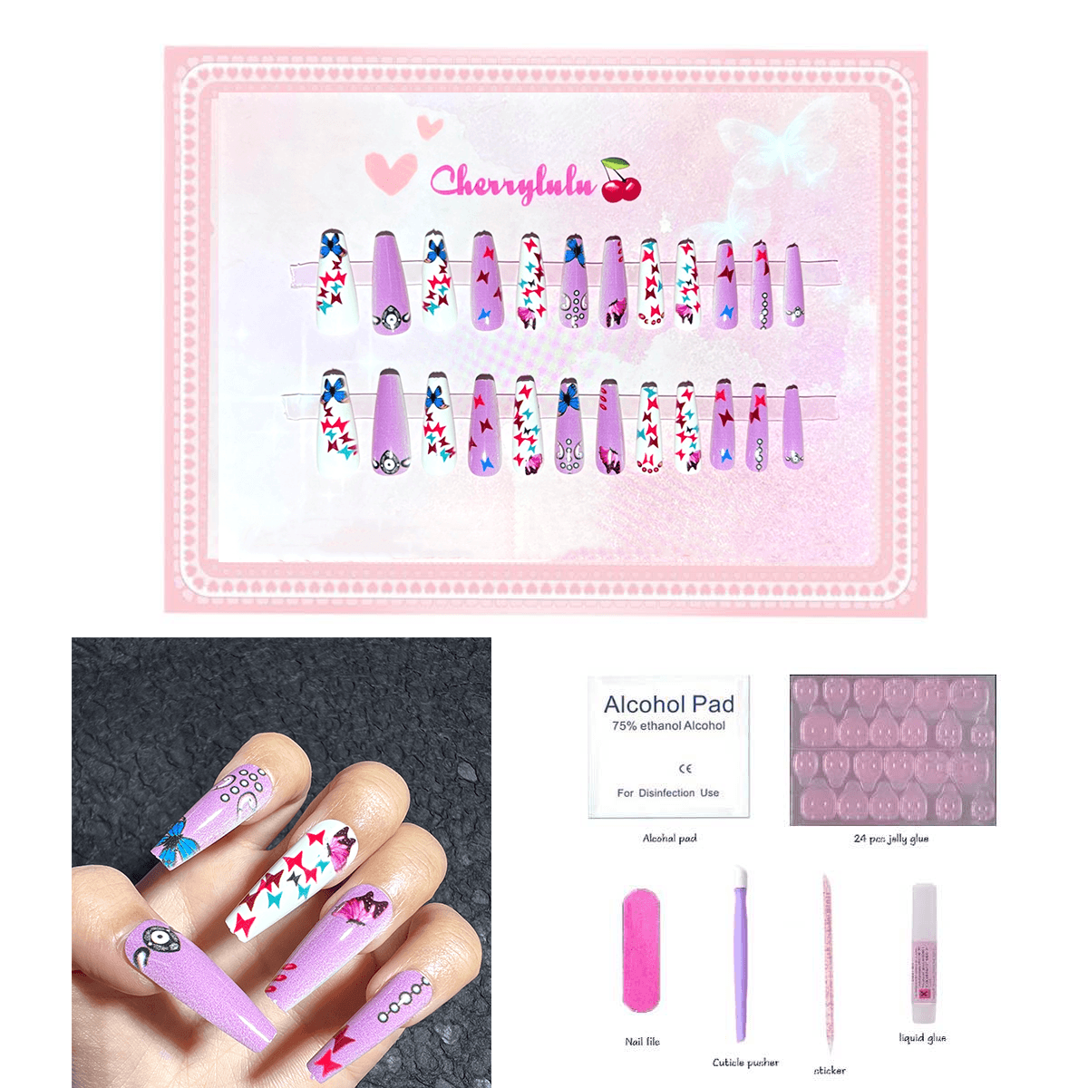 【Long】Manicure Press On Nails 24 Pcs + Toolkits - Cherrylulu Beauty