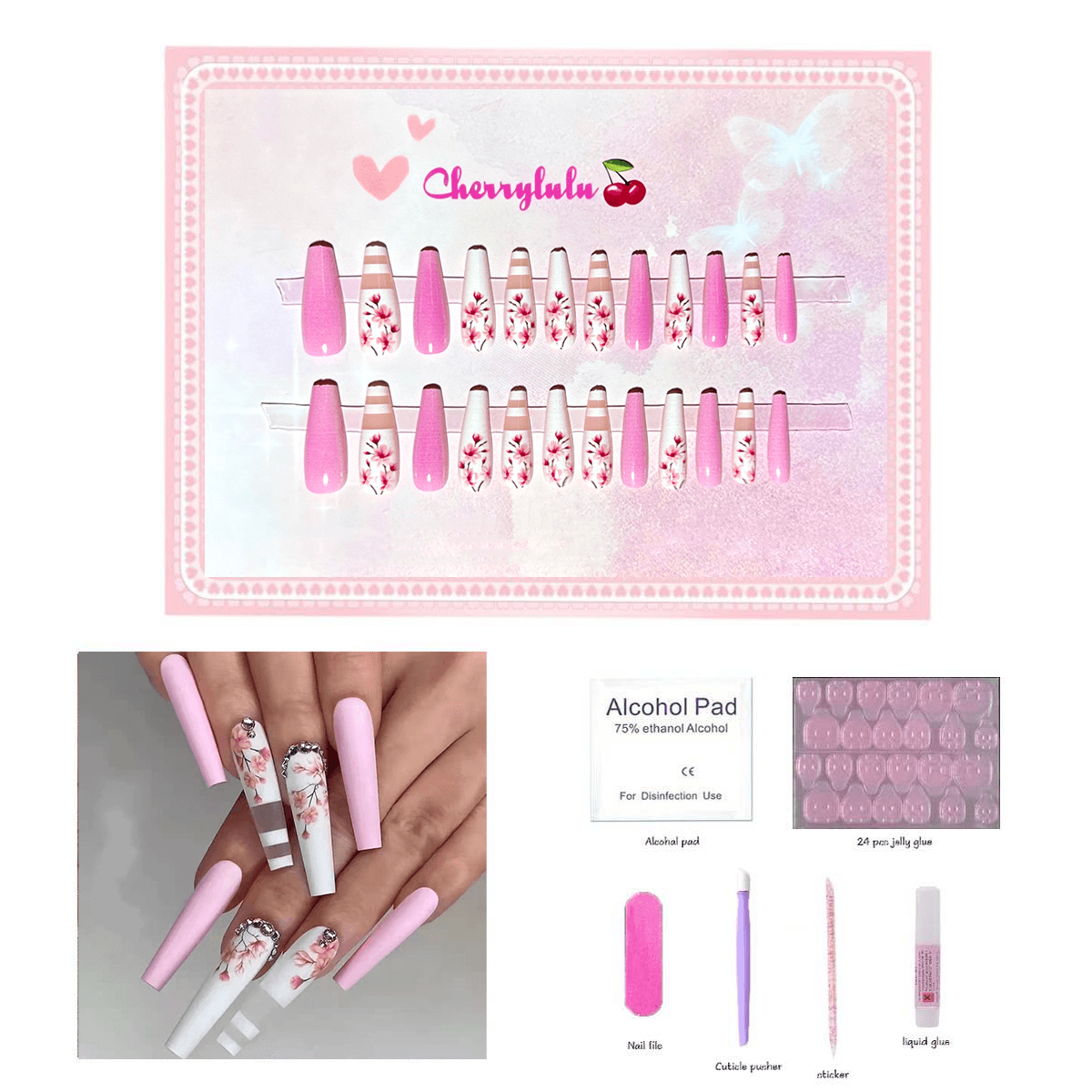 【Long】Manicure Press On Nails 24 Pcs + Toolkits - Cherrylulu Beauty