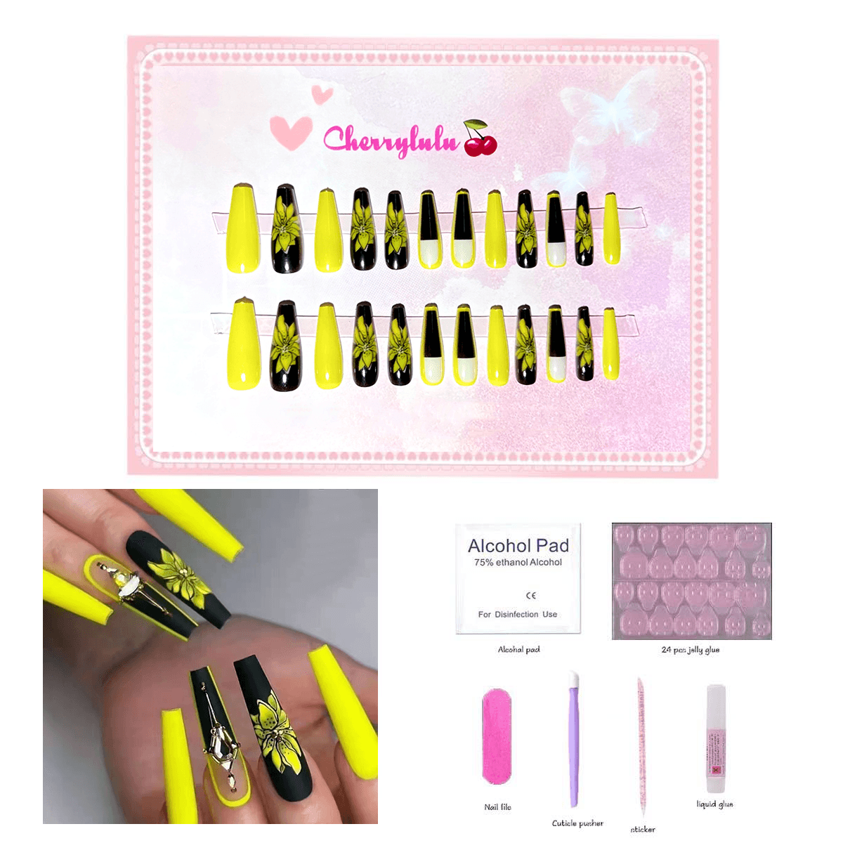 【Long】Manicure Press On Nails 24 Pcs + Toolkits - Cherrylulu Beauty