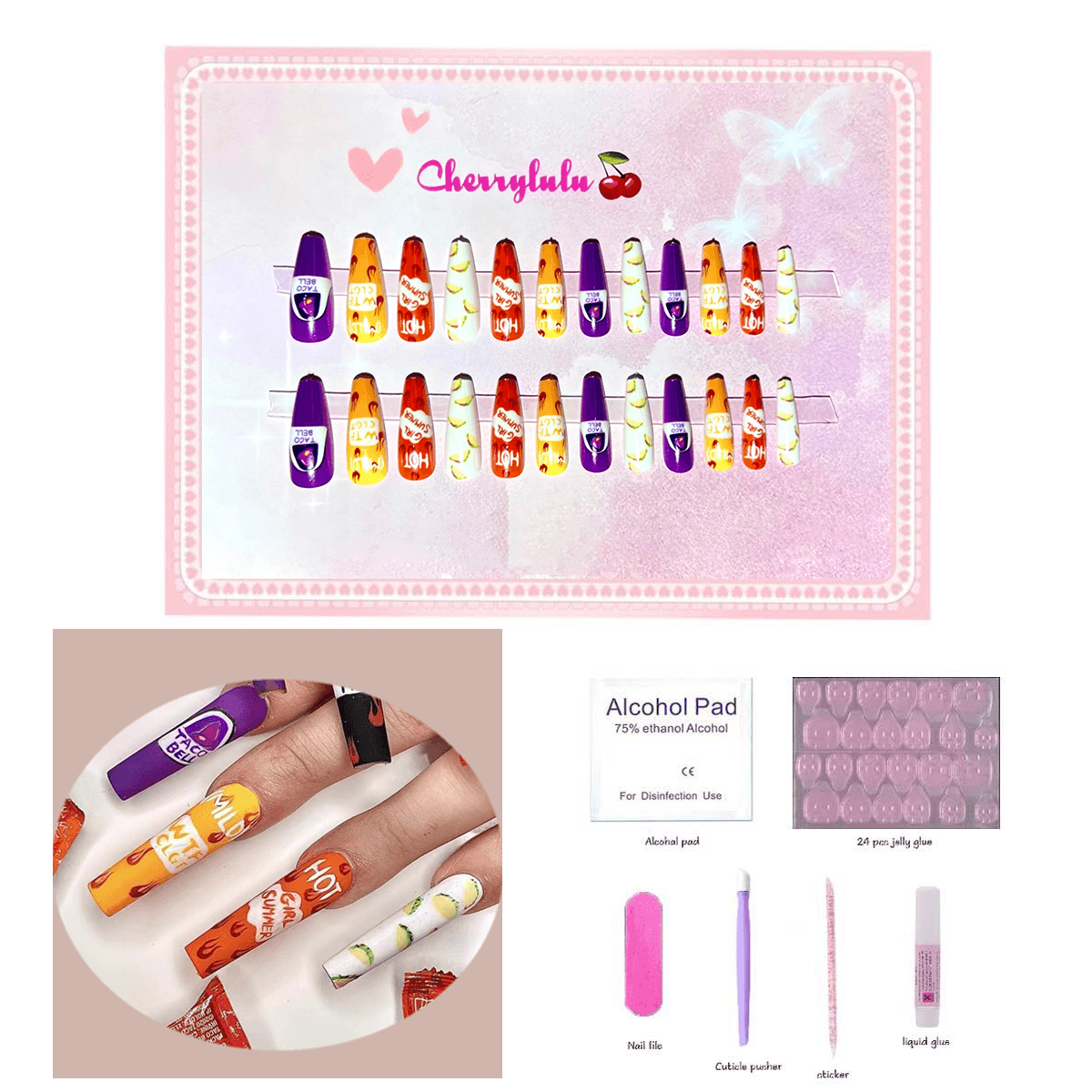 【Long】Manicure Press On Nails 24 Pcs + Toolkits - Cherrylulu Beauty