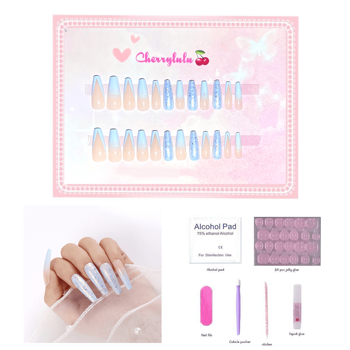 【Long】Manicure Press On Nails 24 Pcs + Toolkits - Cherrylulu Beauty