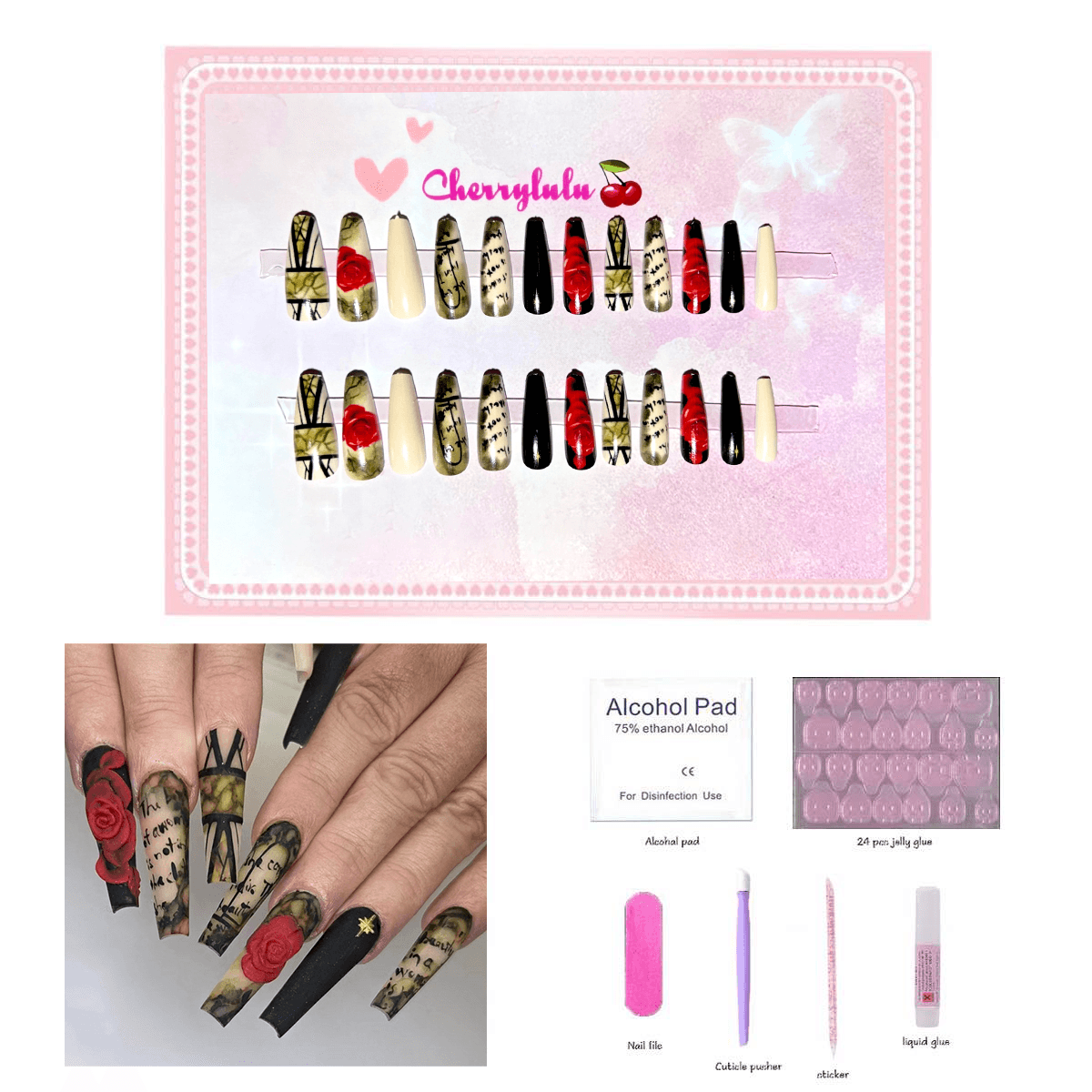 【Long】Manicure Press On Nails 24 Pcs + Toolkits - Cherrylulu Beauty