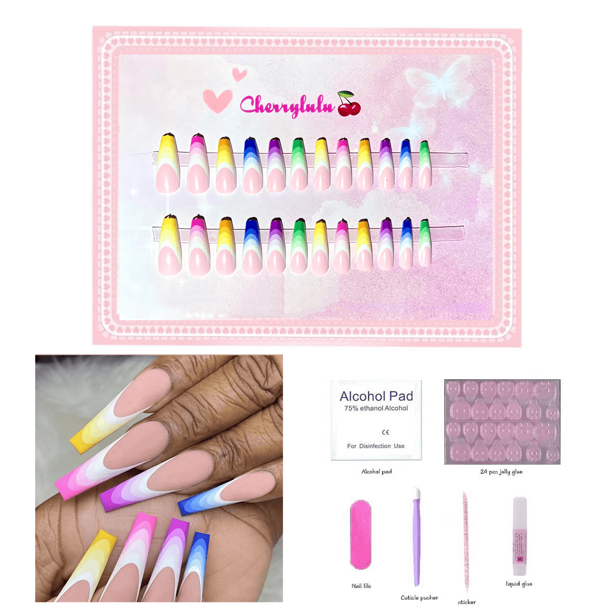 【Long】Manicure Press On Nails 24 Pcs + Toolkits - Cherrylulu Beauty