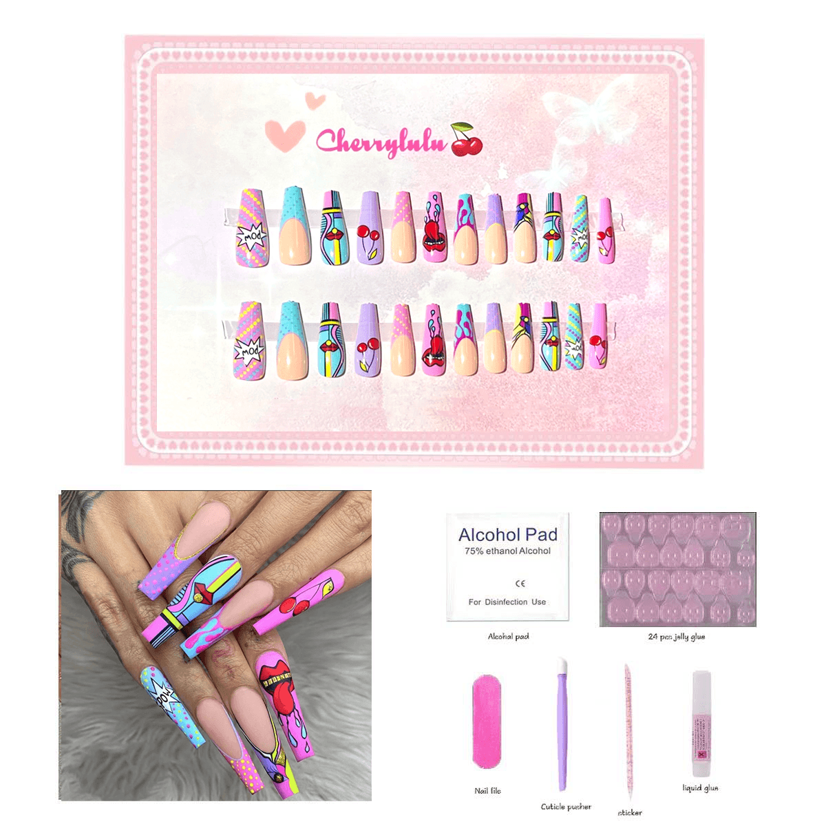 【Long】Manicure Press On Nails 24 Pcs + Toolkits - Cherrylulu Beauty