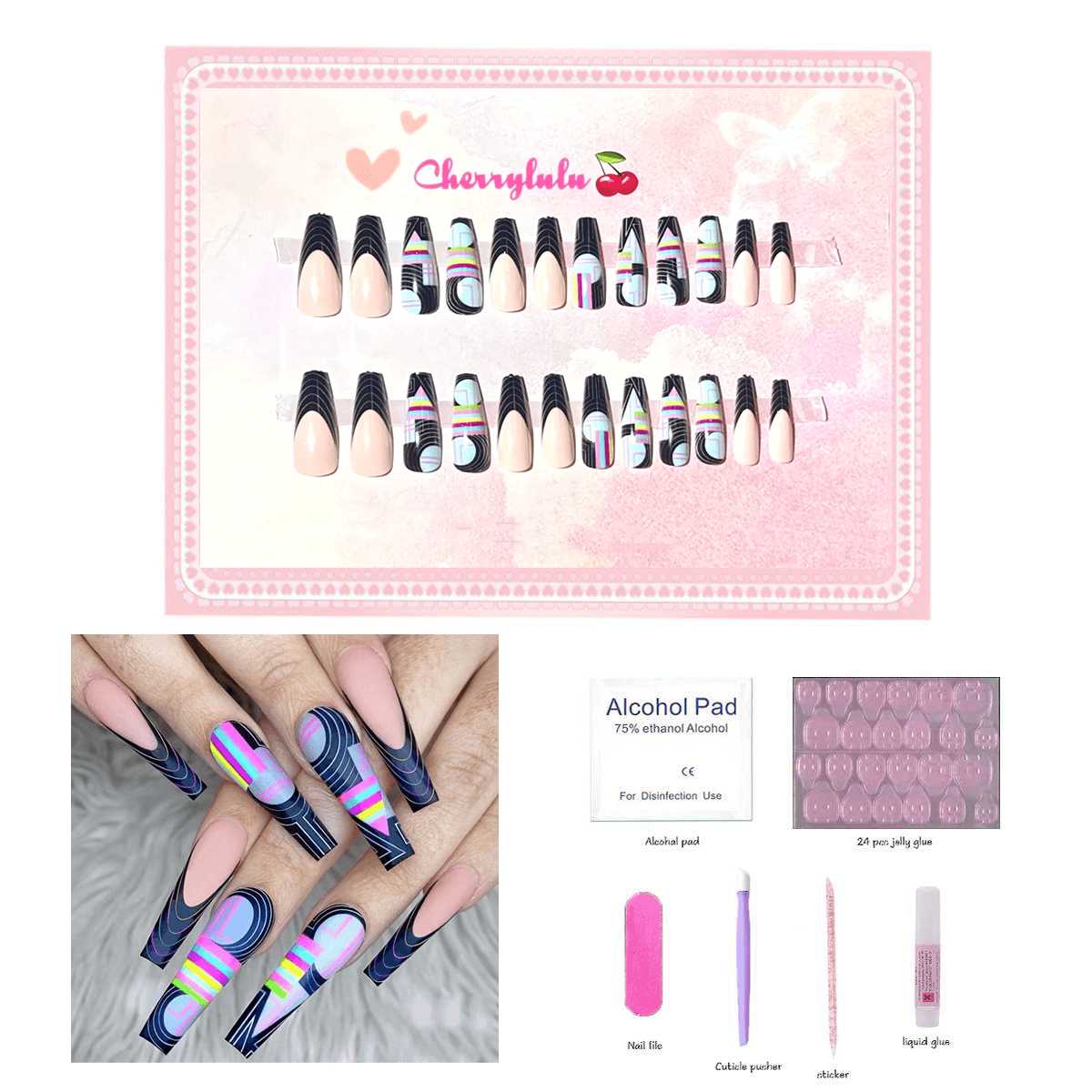 【Long】Manicure Press On Nails 24 Pcs + Toolkits - Cherrylulu Beauty