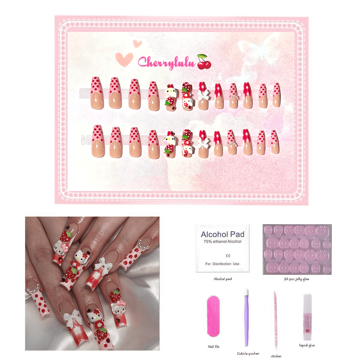 【Long】Manicure Press On Nails 24 Pcs + Toolkits - Cherrylulu Beauty