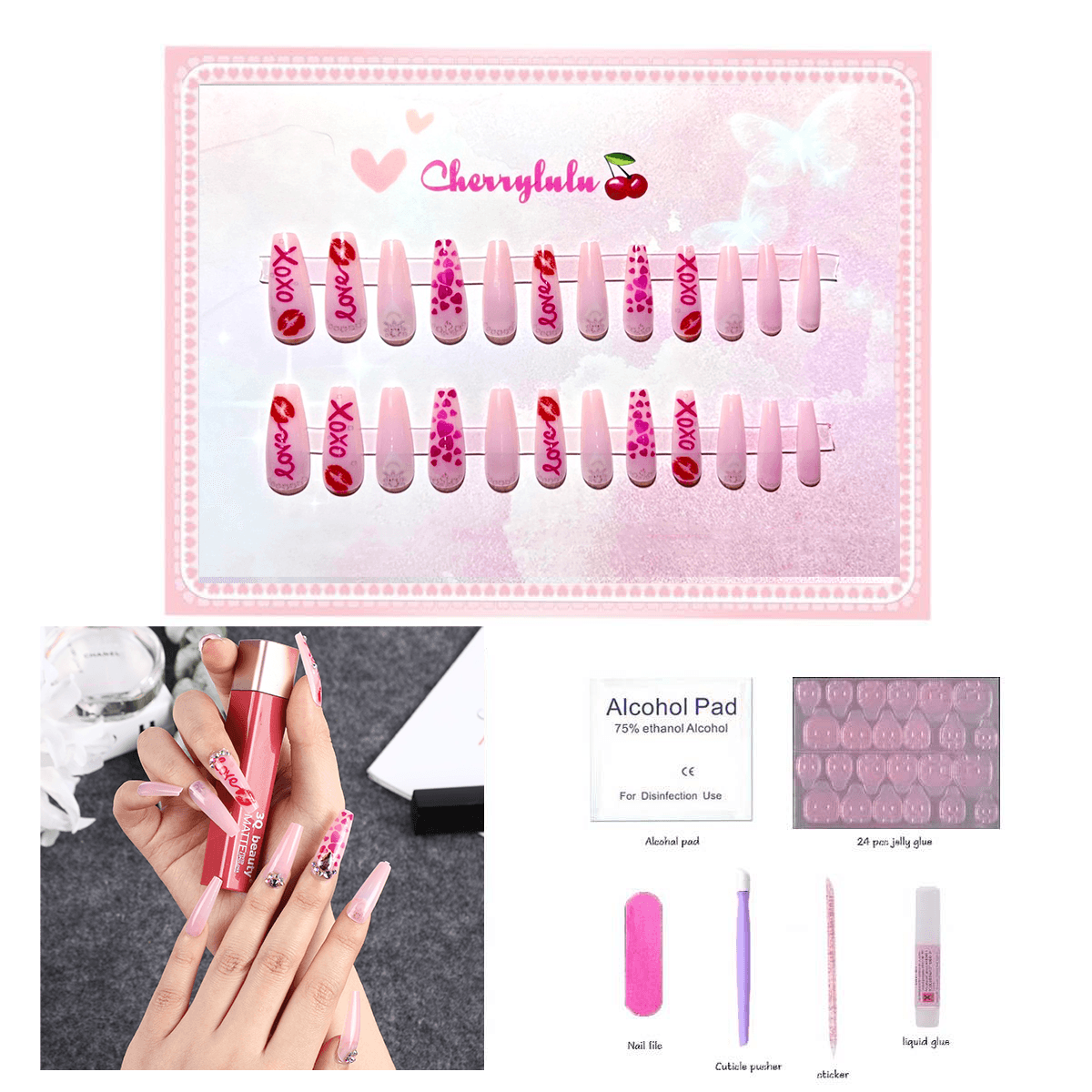 【Long】Manicure Press On Nails 24 Pcs + Toolkits - Cherrylulu Beauty